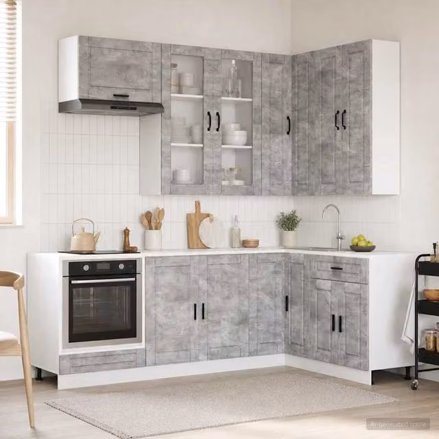 Unità cucina moderna vidaXL in legno e MDF con ante in vetro, colore grigio, composizione angolare da 8 pezzi