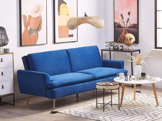 Divano Letto Click Clack Beliani in Velluto Blu con Gambe in Metallo Dorato per 3 Persone – 1
