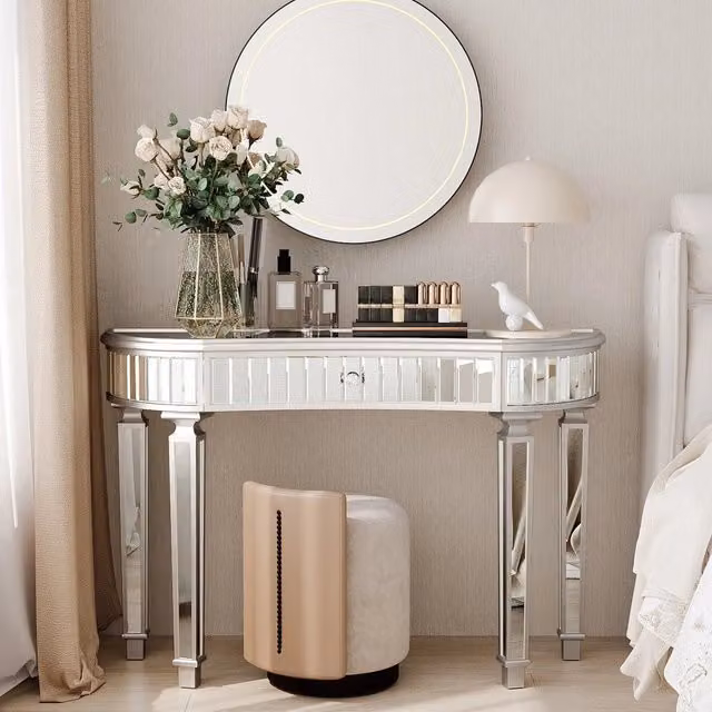 Tavolo consolle a mezzaluna ¨C Minimal ¨C grigio e argento, vetro cannelato, 120cm, per soggiorno e camera da letto