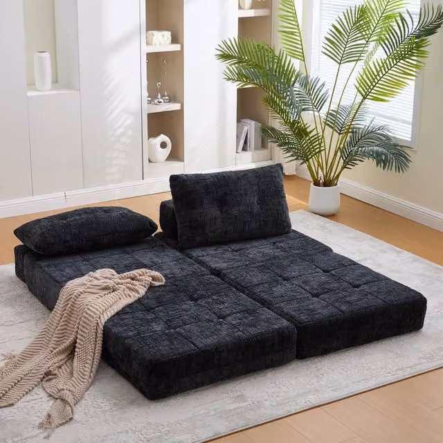 Divano letto pieghevole Mivray in ciniglia nera con cuscini per testa e zona lombare, ideale per soggiorno e camera da letto
