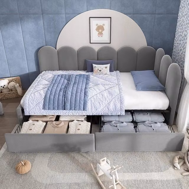 Letto imbottito singolo con cassetti - Xylo - 90x190cm - Grigio - Divano letto con contenitore