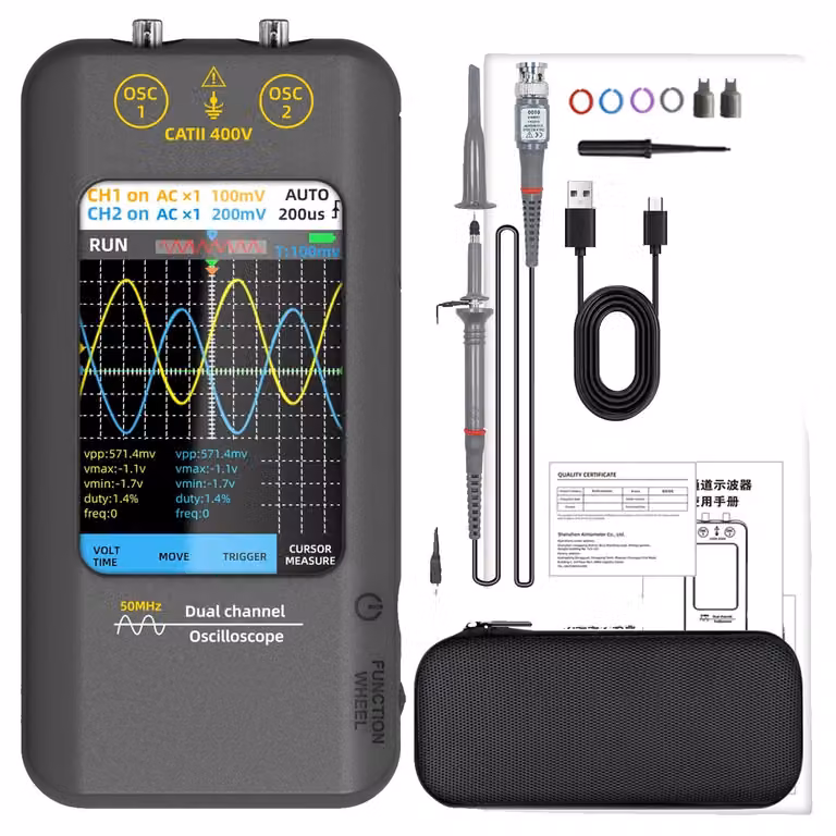 Oscilloscopio portatile, 50 MHz a doppio canale, display touchscreen, O2