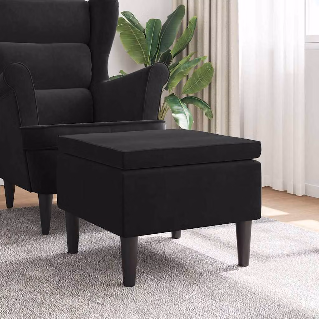 Poggiapiedi vidaXL in Velluto Nero con Gambe in Legno L: 52 cm, P: 42 cm, H: 42 cm