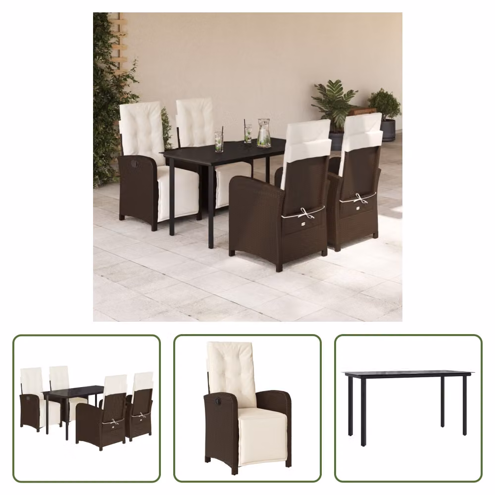 The Living Store Set da pranzo da giardino 5 pezzi con cuscini in polirattan marrone