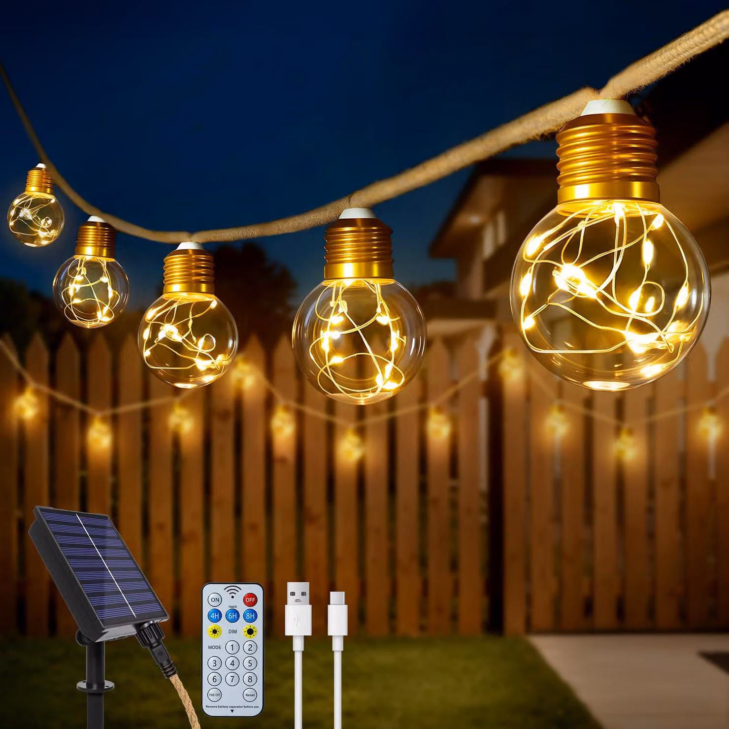 Catena luminosa solare, 8 metri, 16 LED G50, luce bianco caldo, grado di protezione IP44, per uso esterno