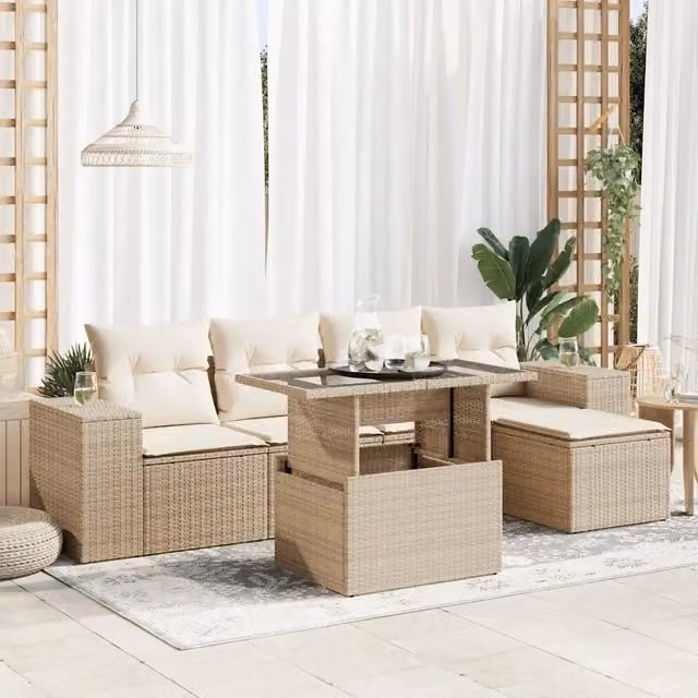 Set Divano da Giardino 6 pz con Cuscini Beige in Polyrattan 3326779