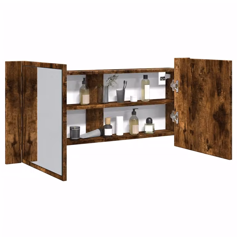 Armadietto a specchio con LED vidaXL in Rovere Fumo, moderno e da appendere al muro, L: 100 cm, P: 12 cm, H: 45 cm