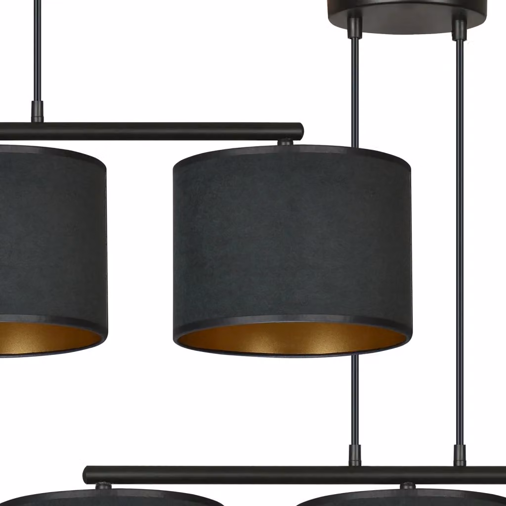 Lampadario a sospensione moderno Luceart-Classic Vinayaka con 3 luci in metallo nero e oro e paralumi in tessuto nero – 2