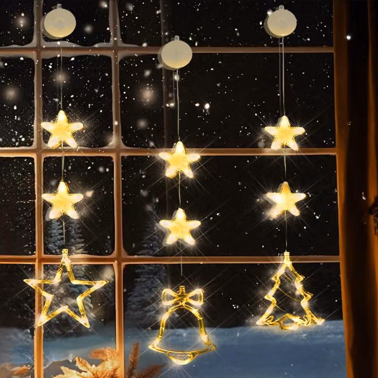 Set di 3 luci natalizie a LED per decorare le finestre, con ventose adesive