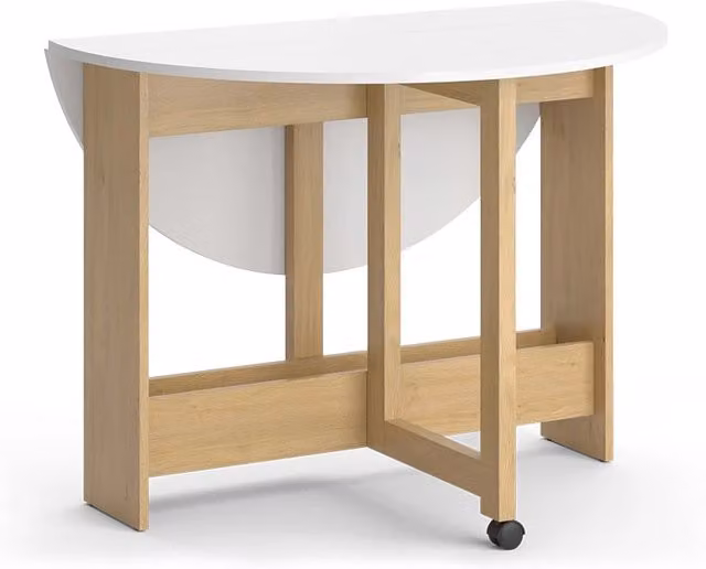 Tavolo da pranzo estensibile e pieghevole Vicco Rondo in rovere e bianco con piano a farfalla e ruote, L/P: 100 x 100 cm, H: 73 cm – 1