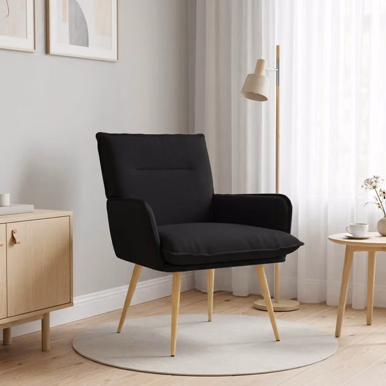 Poltrona lounge moderna vidaXL in tessuto nero con struttura in metallo e braccioli