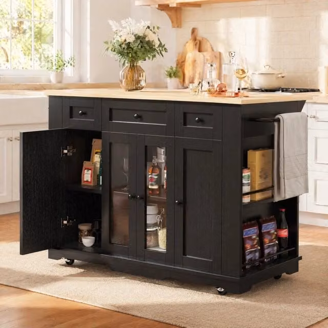 Isola cucina con ripiani pieghevoli, piano di lavoro effetto legno, vetro temperato e ampio spazio contenitivo