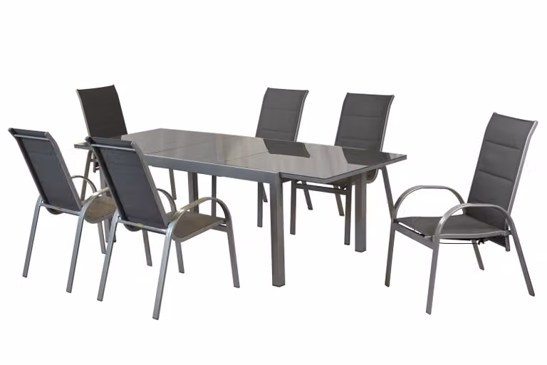 Set di mobili da giardino Merxx Amalfi 7 pezzi, 4 sedie impilabili, 2 sedie a gas, 1 tavolo allungabile 180 (250) x 100 cm - alluminio/tessuto