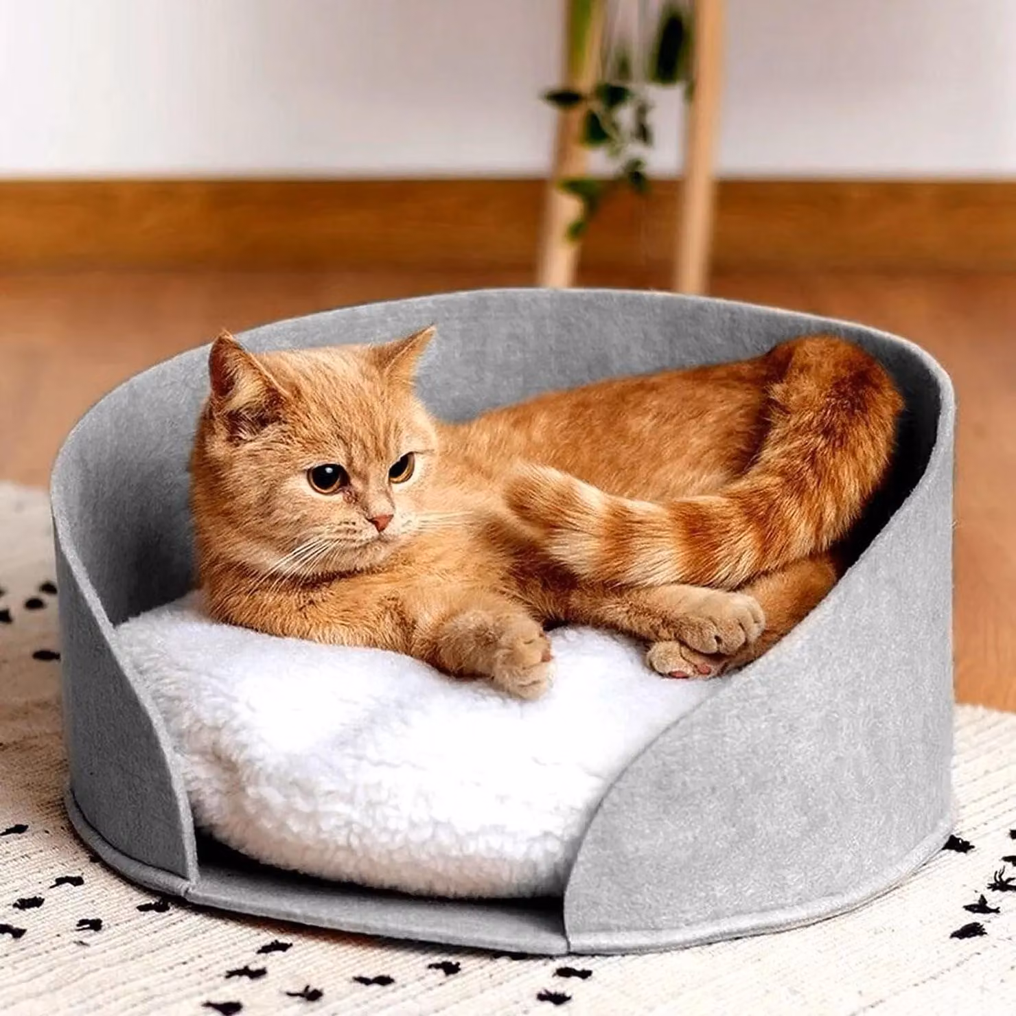 Letto per gatti e cani rotondo grigio con cuscino in peluche, cesto in feltro morbido e caldo
