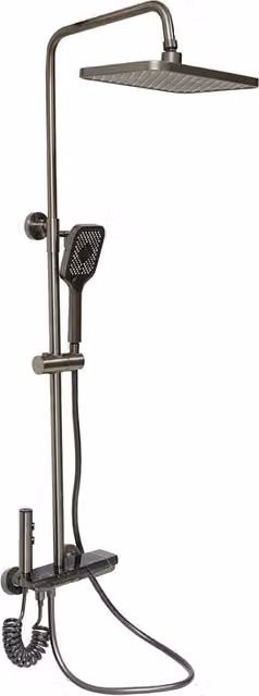 Set doccia multifunzionale con termostato, display digitale della temperatura dell’acqua, 4 funzioni di erogazione dell’acqua, bocca per vasca, soffione rettangolare, doccetta a mano, doccia bidet, colore grigio.