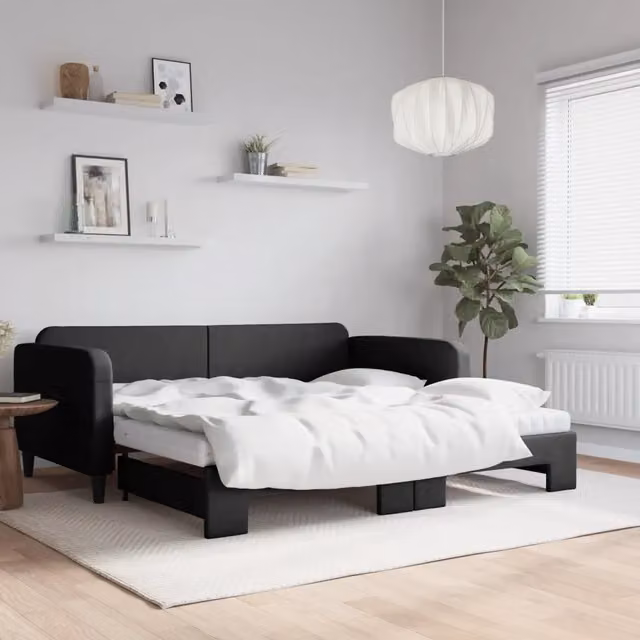 Divano Letto Estraibile vidaXL in Tessuto Nero con Materasso in Schiuma L/P/H: 223 x 110 x 75 cm, Dimensioni Materasso: 100 x 200 cm – 1