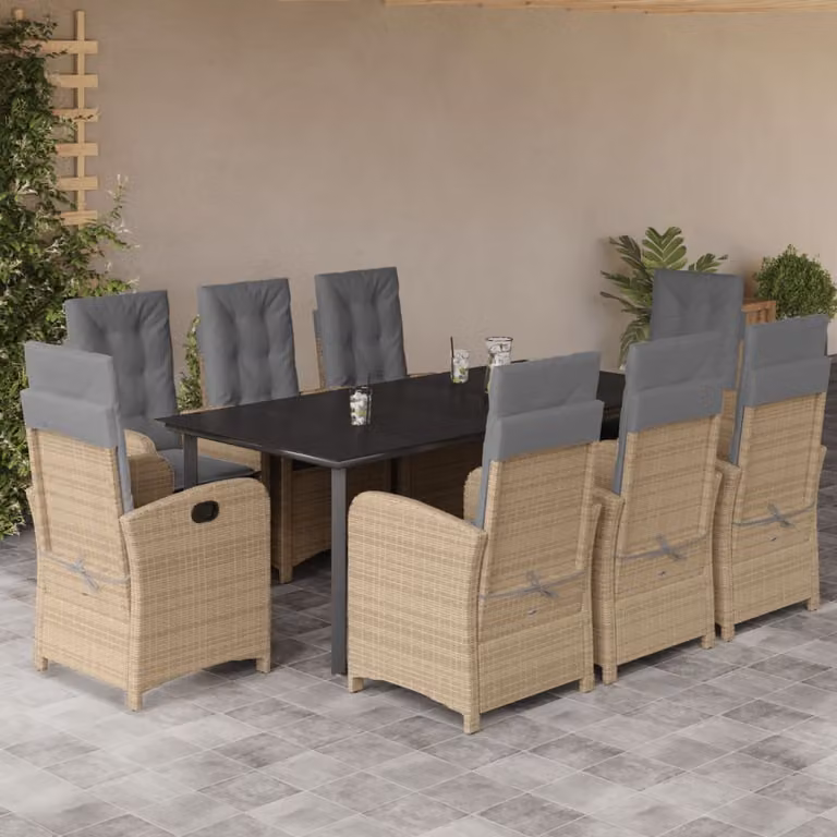 Set Pranzo da Giardino vidaXL in Polyrattan con Cuscini Beige Misto e Tavolo in Vetro, 9 Pezzi