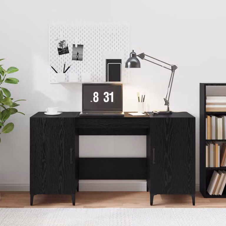 Scrivania moderna vidaXL in legno e metallo color rovere nero L: 140 cm, P: 50 cm, H: 75 cm