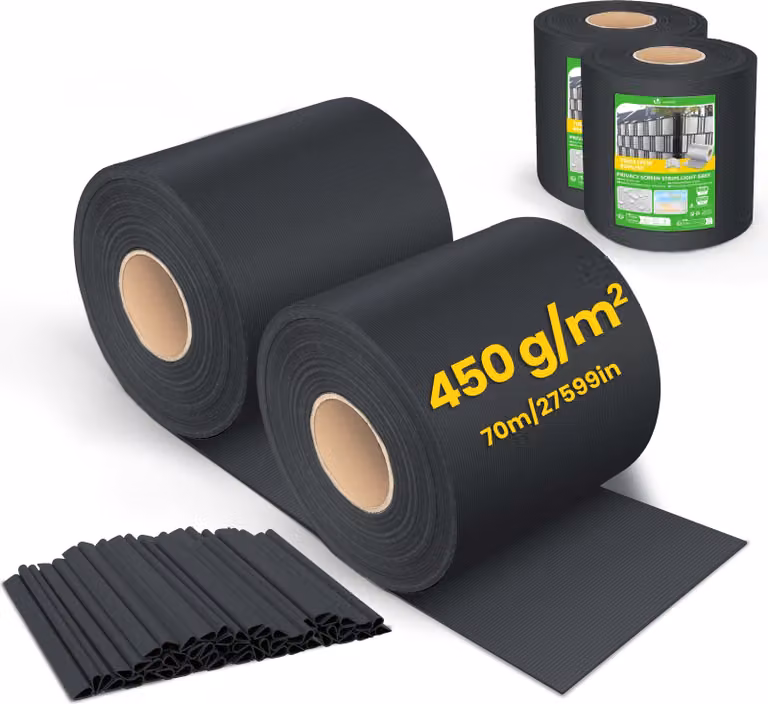 Strisce frangivista in PVC VOUNOT® per recinzioni a doppia barra, 140 m x 19 cm, 80 clip di fissaggio, nero