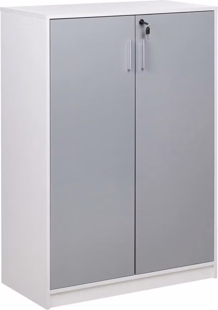 Armadietto da ufficio moderno BELIANI con 2 ante e ripiani regolabili, chiusura con chiave, grigio e bianco, H 117 x L 80 x P 40 cm