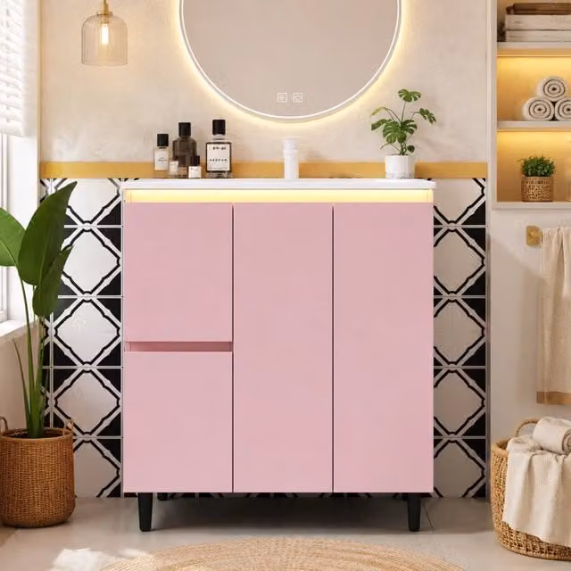 Mobile lavabo da bagno 76x47x89 cm, rosa, verniciato completo con lavandino integrato, luce LED a sensore radar, cerniere soft-close e design piedi alti