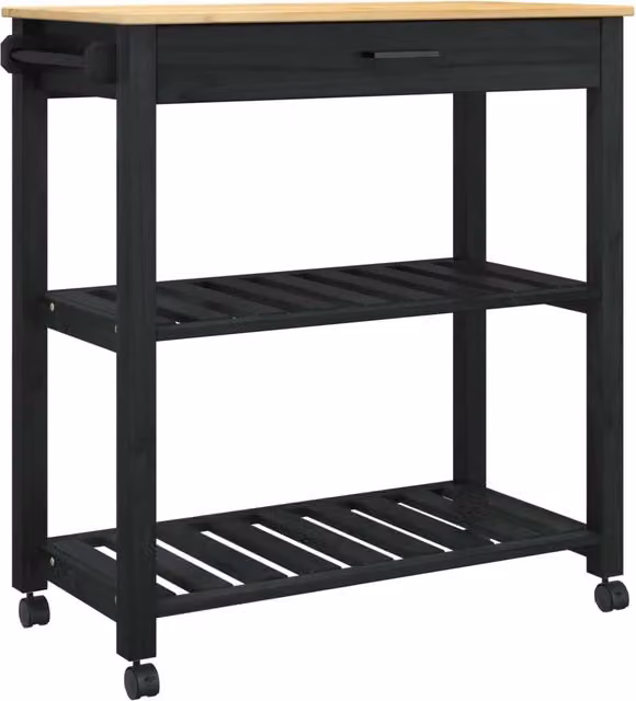 Carrello da cucina moderno MONZA nero con ripiani in legno di pino e ruote L: 84 cm, P: 40 cm, H: 88,5 cm – 1