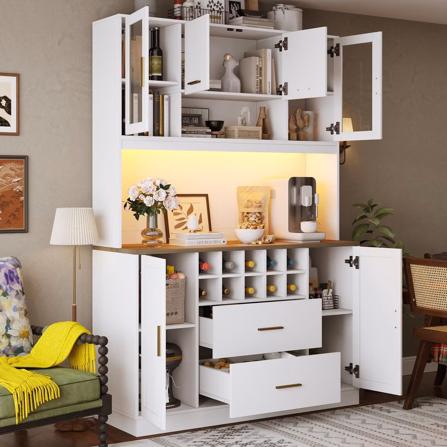 MODFU: armadio alto da cucina con elementi laterali, dotato di sistema antribaltamento, mobile contenitore con illuminazione a LED e presa di corrente, armadio alto con cassetti, colore bianco