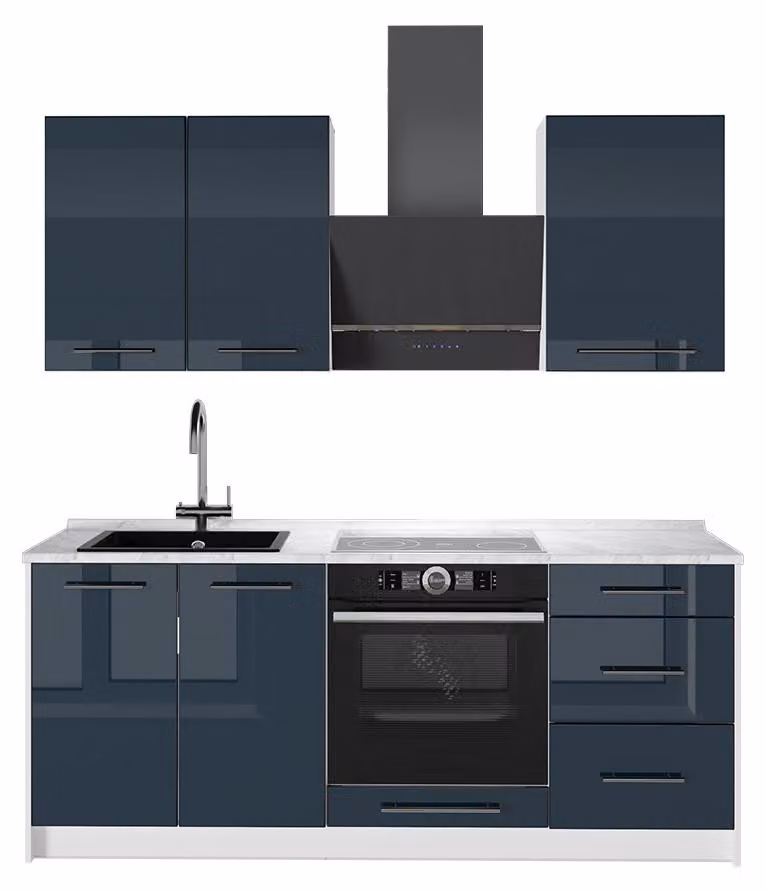 Cucina monoblocco Vicco Fame-Line Blu scuro lucido/Bianco 190 cm, PL Marmo, Model 64918