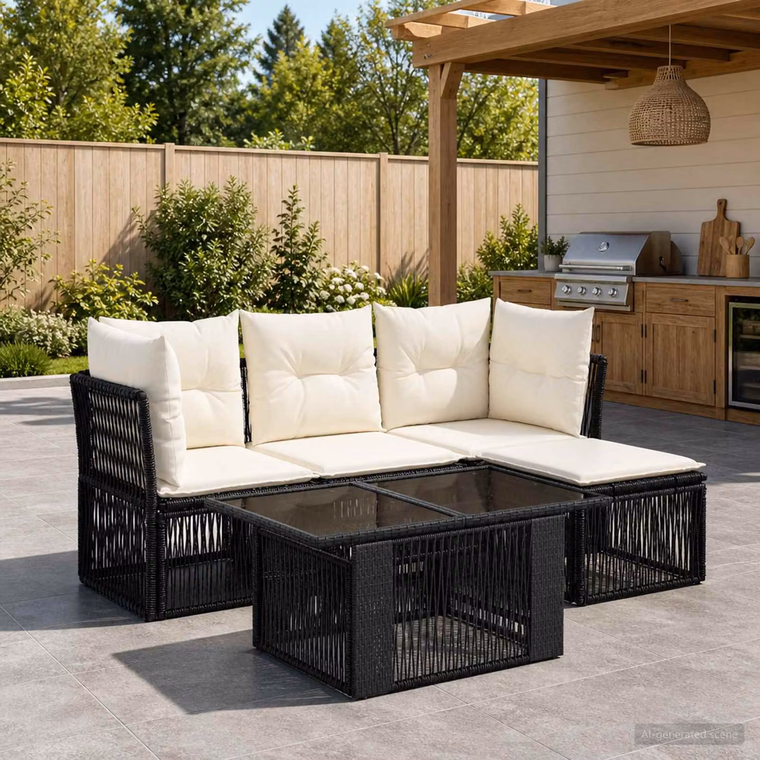 Set Divano da Giardino vidaXL 5 Pezzi in Polyrattan Nero con Cuscini e Tavolino da Esterno