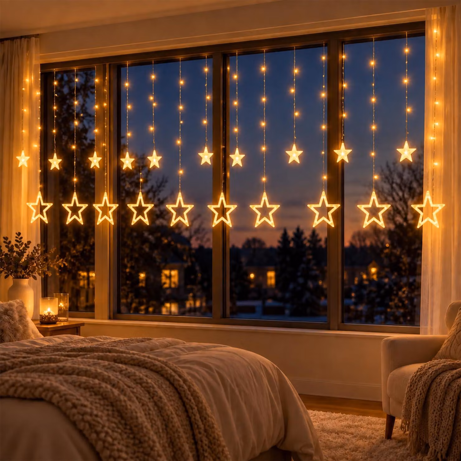 Catena luminosa a forma di stelle, set da 12, lunghezza 3,5 metri, luce bianco caldo, alimentazione tramite USB o batterie, 8 modalità