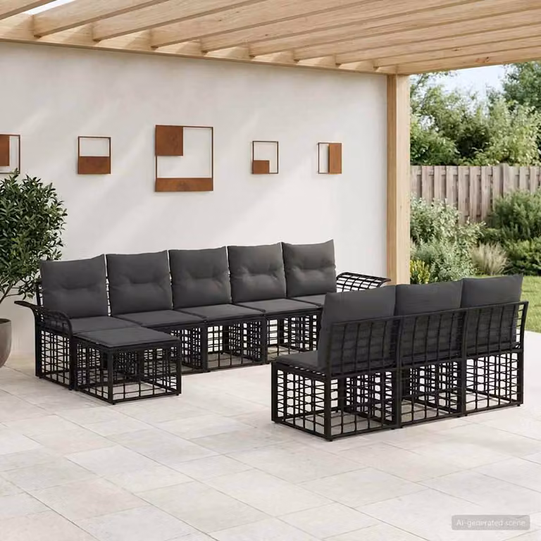 Set di divani da esterno vidaXL 9 pz a forma di U con cuscini, Nero e Grigio