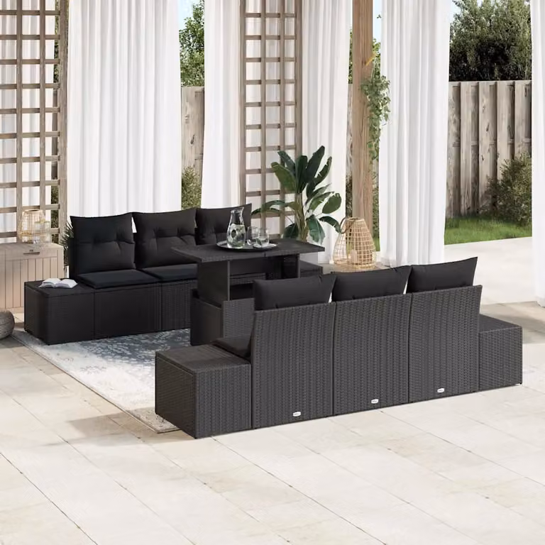 Set Divano da Giardino vidaXL 7 Pezzi Nero con Cuscini e Tavolino in Acciaio Verniciato a Polvere