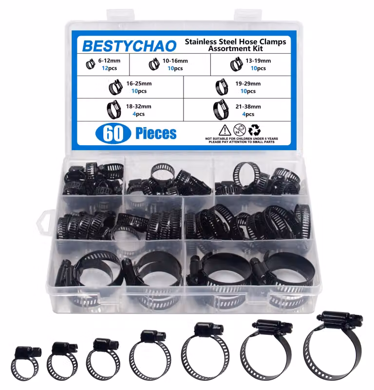 Set di fascette per tubi, 60 pezzi, acciaio inossidabile, 6-38 mm, colore nero