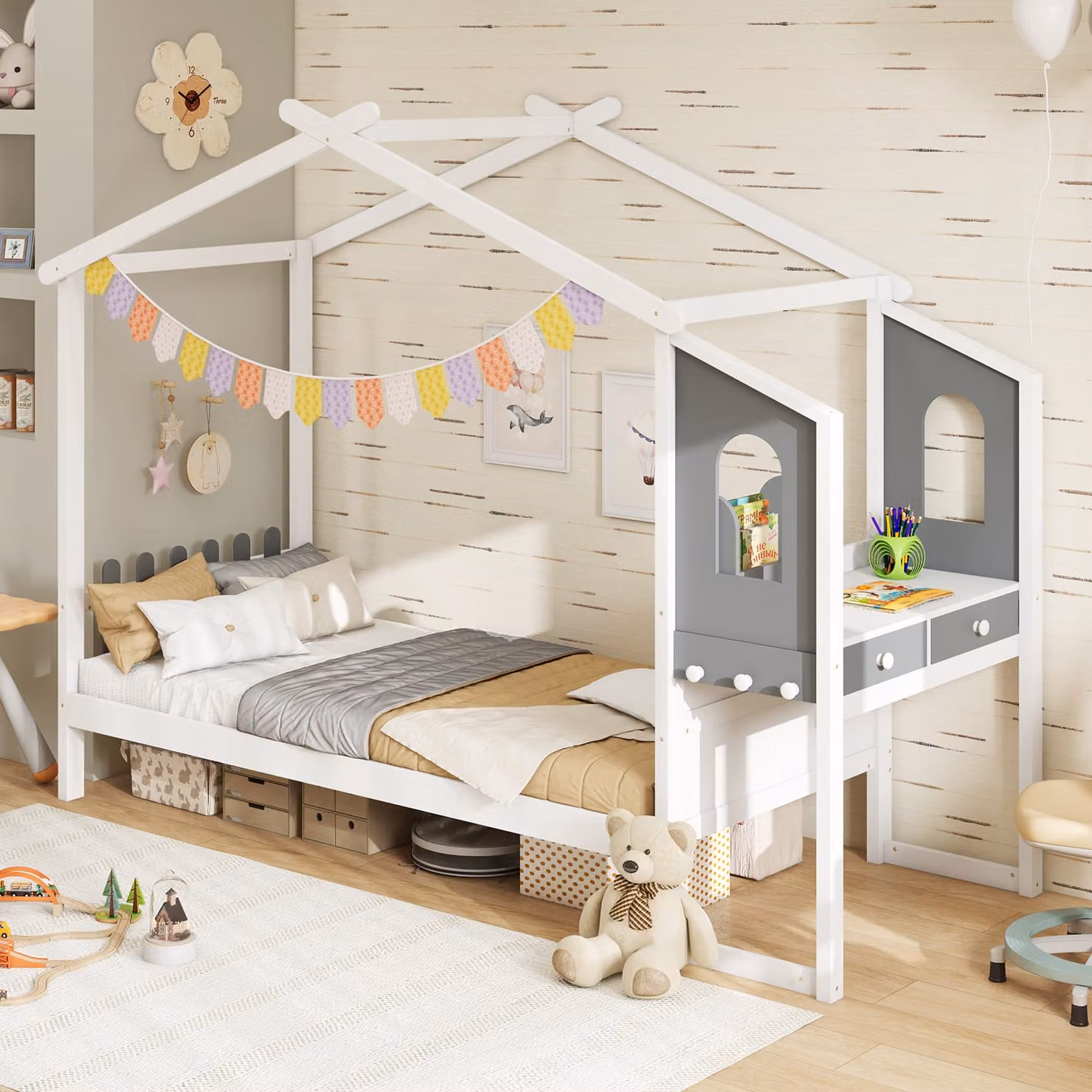 Letto a casetta 200×90 cm con scrivania, lettino con cassetti, ganci, letto Montessori (senza rete a doghe)