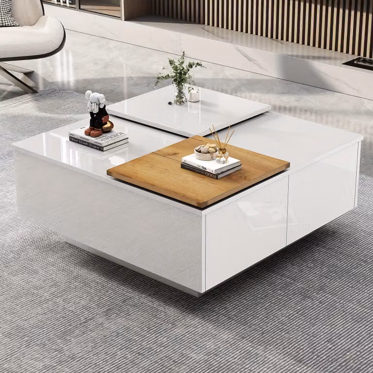 Tavolino – Mobile per il soggiorno – Bianco lucido – Cassetto scorrevole con spazio contenitivo – Design compatto
