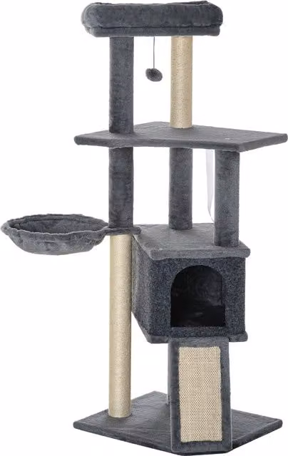 Albero Tiragraffi per Gatti PawHut con Pali in Sisal, Amaca, Cuccia e Giochi Integrati, Altezza: 127 cm, Grigio