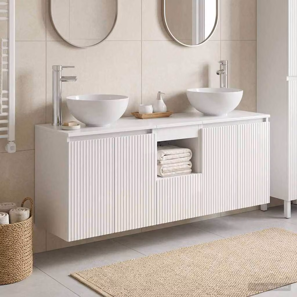 Set di mobili da bagno moderno vidaXL in 3 pezzi bianco lucido L: 129 cm, P: 35 cm, H: 80 cm