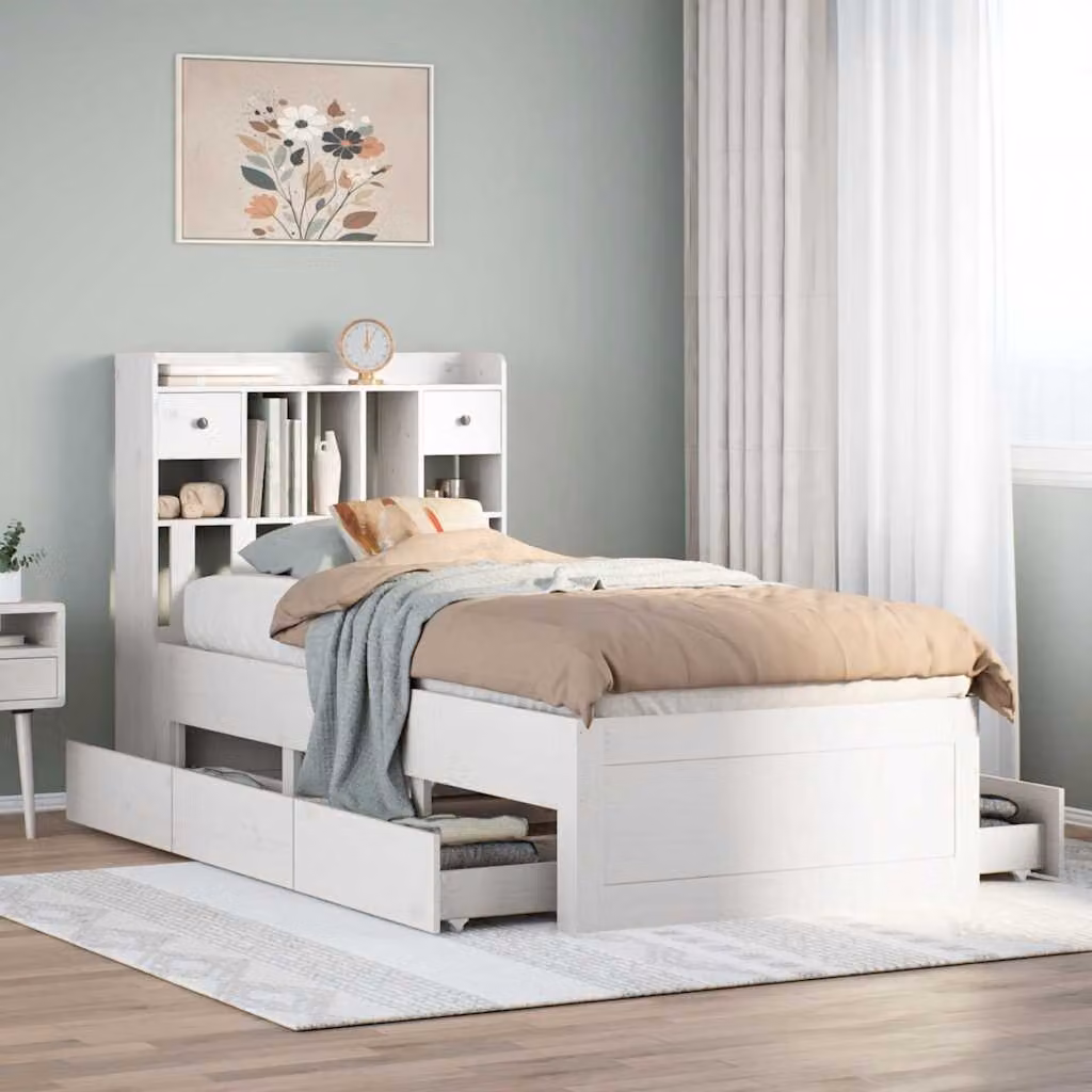 Letto Libreria vidaXL in Legno di Pino Bianco con Cassetti L/P/H: 200 x 90 x 110 cm