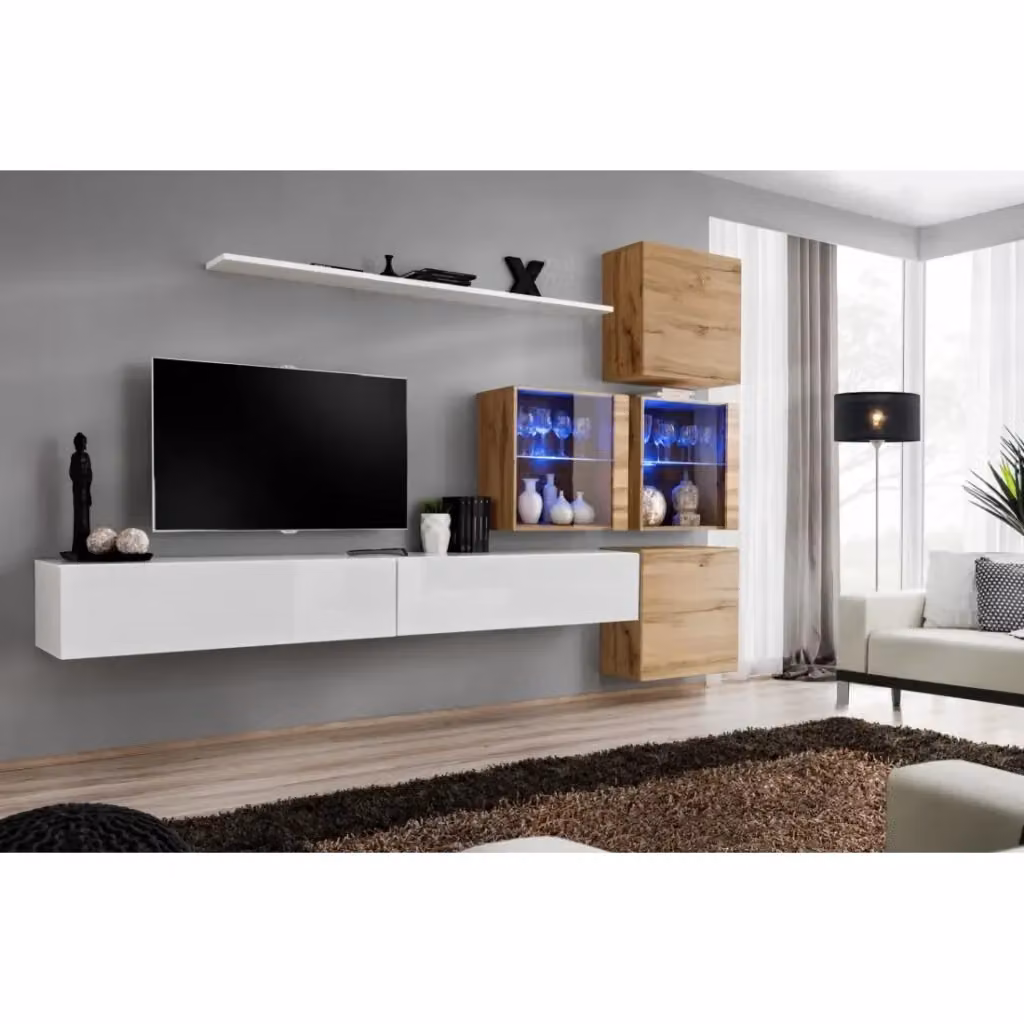 Composizione murale SWITCH XIX Meublorama con mobile TV, cubi, vetrina LED e mensola in bianco lucido e rovere Wotan – 2