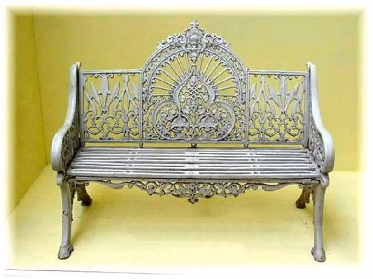 Panca da giardino vintage in ferro battuto, modello "Casa Padrino", colore grigio vintage. Dimensioni: larghezza 1,2 m x profondità 0,6 m