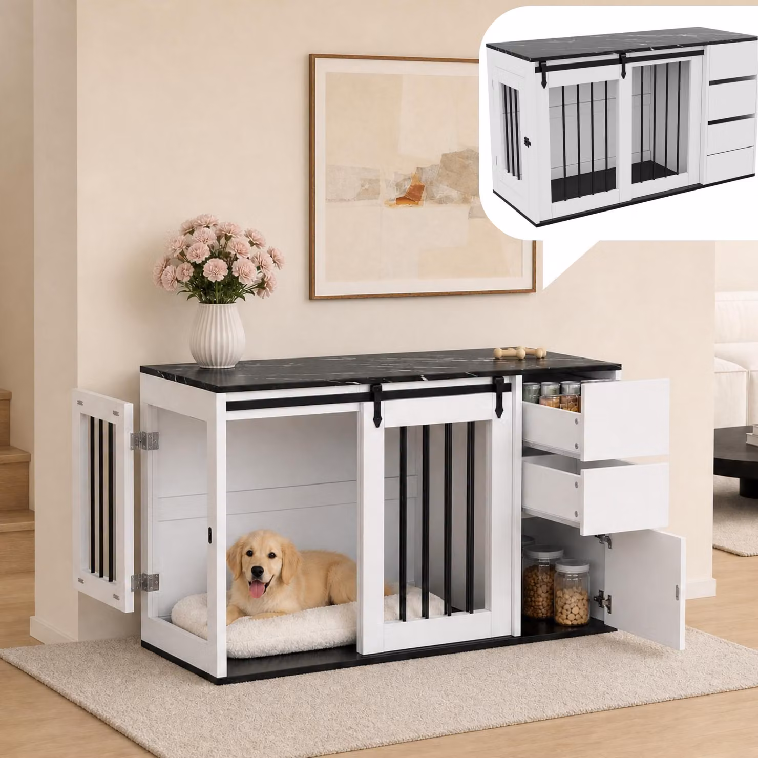 Cuccia per cani con porta scorrevole e sistema di chiusura a scatto, gabbia per cani, trasportino con cassetti e porta, tavolino di servizio 140x60x87 cm, nero