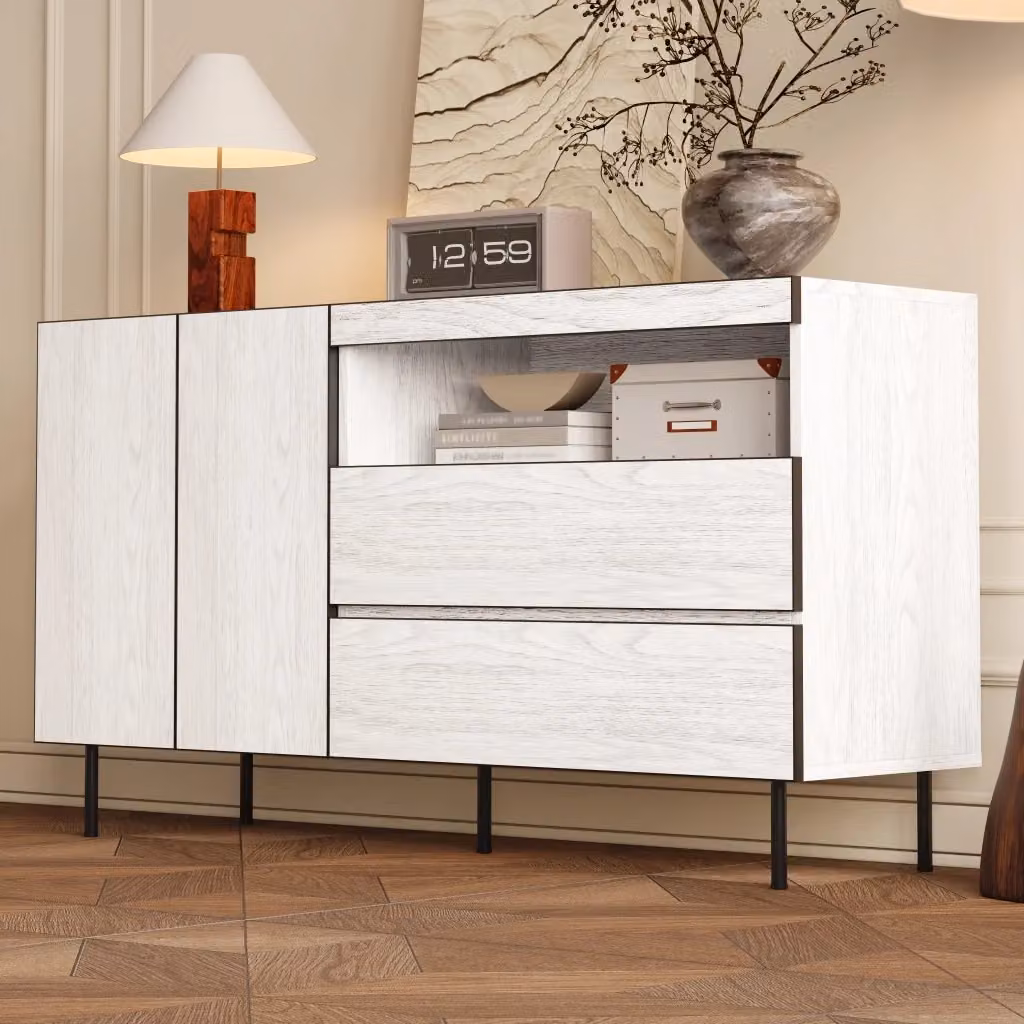 Credenza Chicfurn bianca con 2 ante, 2 cassetti soft close e ripiani aperti per ingresso e soggiorno L/P/H: 140 x 42 x 77 cm – 2