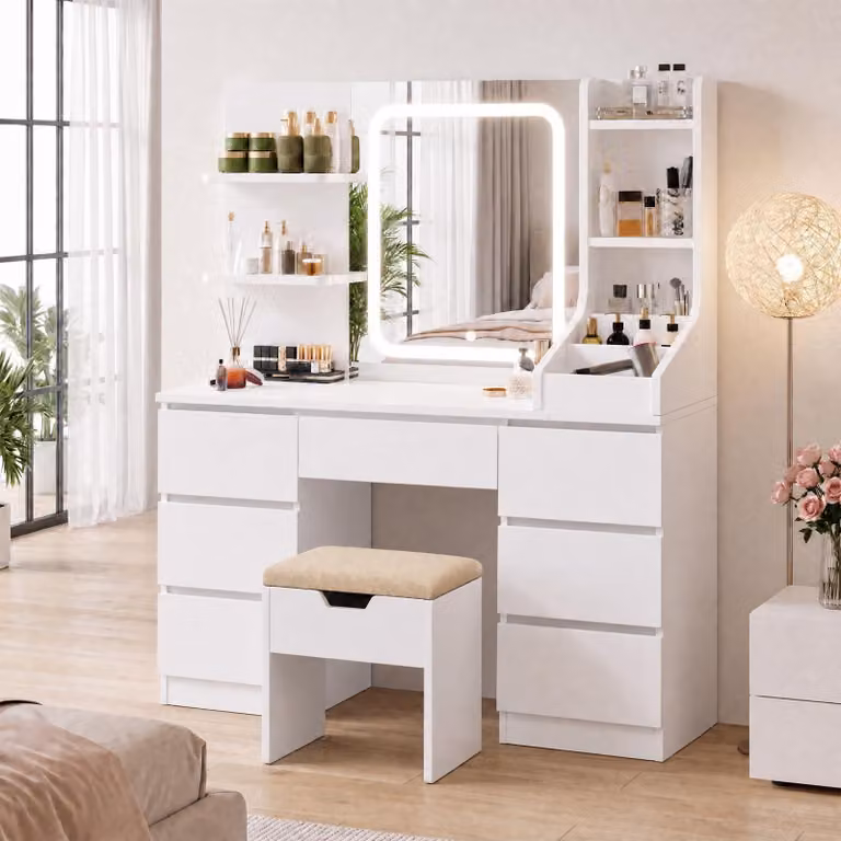 Tavolino da trucco JUMMICO con specchio a LED e regolazione della luminosità, grande tavolino per il trucco