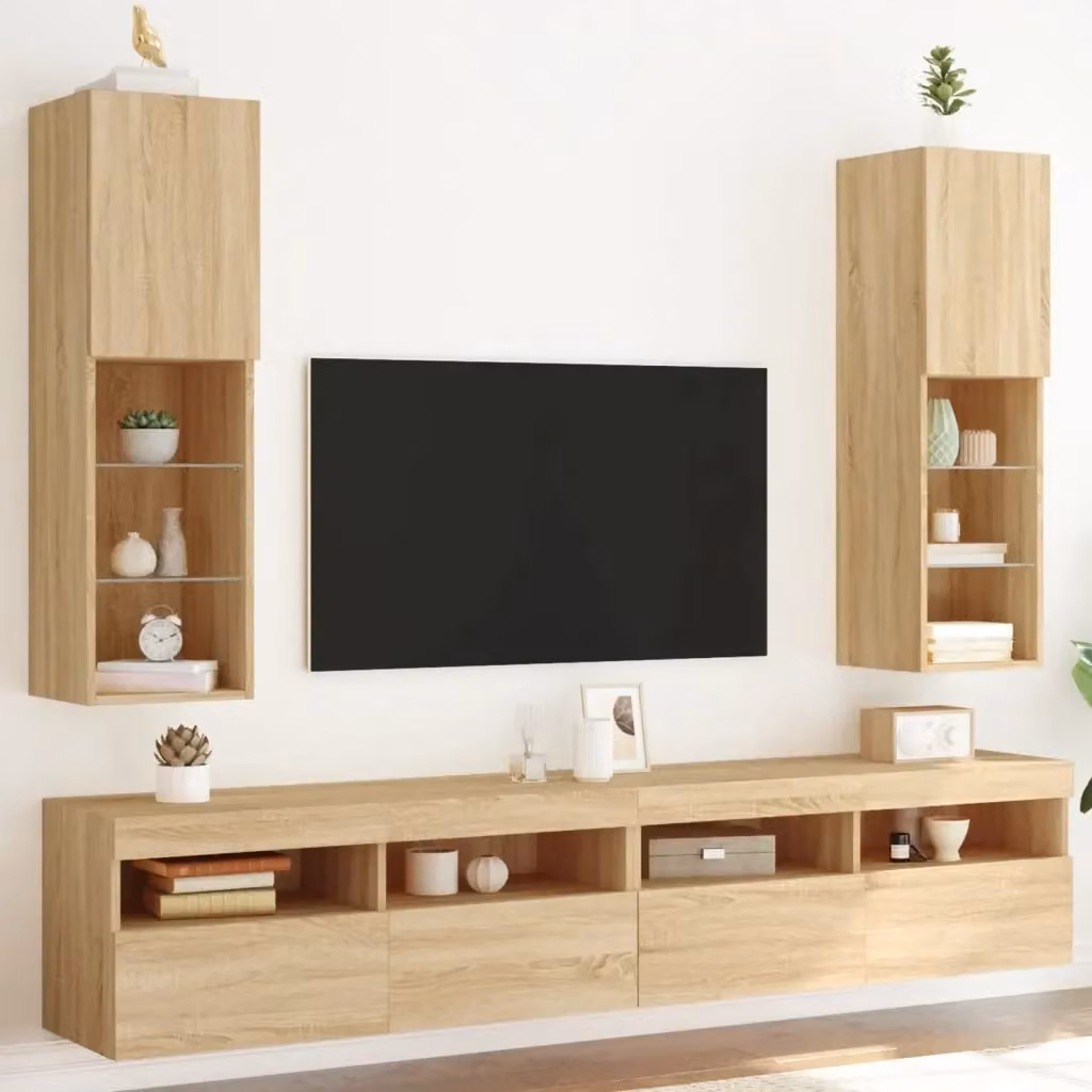 Set di 2 Mobili TV Moderni con Luci LED Integrate in Rovere, Colore Marrone e Beige, L/P/H: 30,5 x 30 x 102 cm