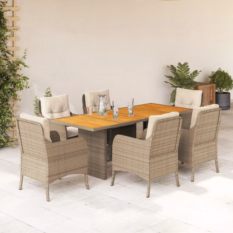 Set da Pranzo da Giardino 7 pz vidaXL in Polyrattan con Cuscini Beige e Legno di Acacia