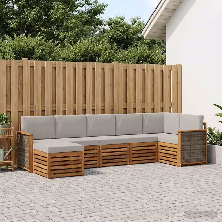 Set di divani da esterno vidaXL a forma di L composto da 6 pezzi in legno di acacia con cuscini beige e grigio chiaro