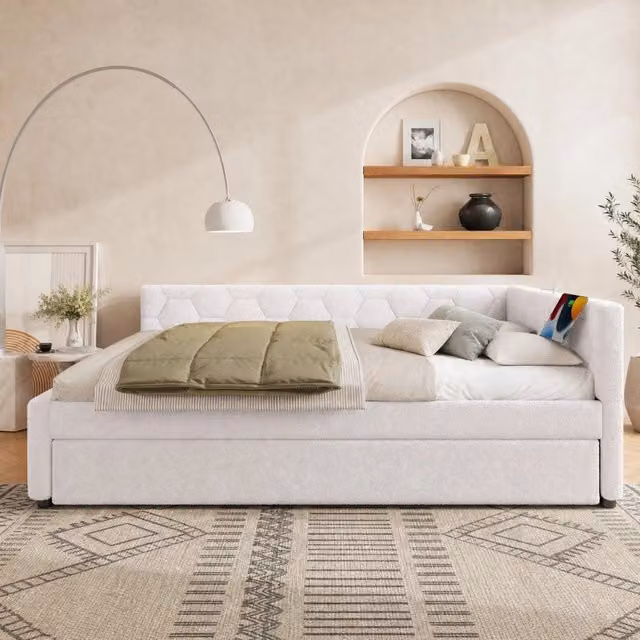 Letto Daybed REDOM bianco in tessuto velvet con cassetti, porta USB, luce di lettura integrata e dimensioni L/P/H: 140 x 200 cm
