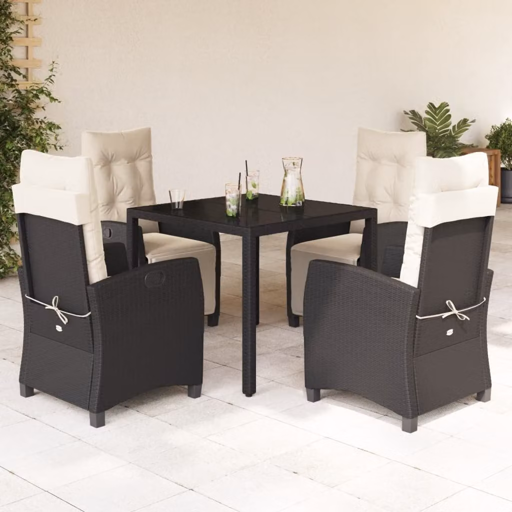 vidaXL Set da Pranzo da Giardino 5 pz in Polyrattan Nero con Cuscini e Tavolo in Vetro