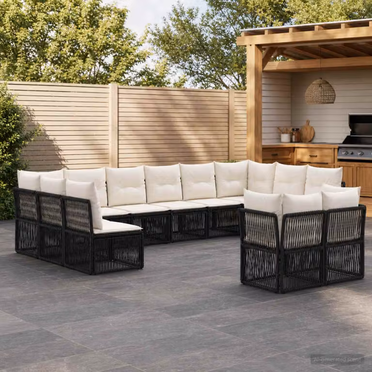 Set Divano da Giardino a L vidaXL in Polyrattan Nero con Cuscini e Coperture Rimovibili