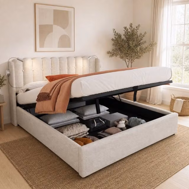 Letto Contenitore REDOM in Lino Beige con Luce Lettura e Porta USB L/P/H: 206 x 140 x 145 cm – 1